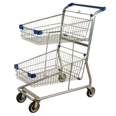 購入 公共事業の買物かごのトロリー金属の倍のバスケットの買物車は印刷されたロゴに電流を通した online manufacture