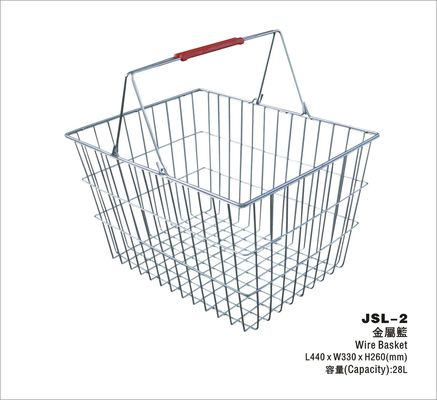 中国 2 つの赤のプラスチック ハンドルが付いている 28 リットルの貯蔵のスーパーマーケットの金属の買物かご 工場